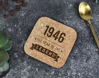 Laser Engraved Cork Coaster 1946 Year of The Legend Design, Grandad 80th Birthday Gifts for Men, Him, Eightieth Dad, Square Drinks Mat