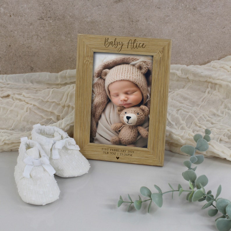 Personalised Baby Photo Frame, Newborn New Baby Picture Frame, Custom Engraved Birth Info, Baby Arrival Keepsake Gift, Wooden 4x6 Photograph