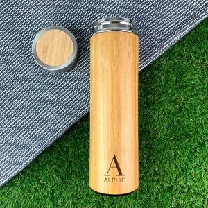 Personalised Eco Bamboo Travel Flask, 500ml Insulated Drinks Bottle, Monogrammed Travel Cup, Custom Initial & Name, Outdoor Gift for him her