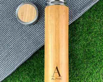 Personalised Eco Bamboo Travel Flask, 500ml Insulated Drinks Bottle, Monogrammed Travel Cup, Custom Initial & Name, Outdoor Gift for him her