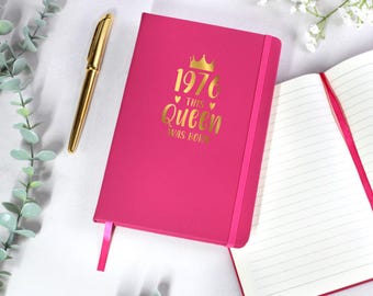 Personalised 1976 This Queen was Born Pink A5 Notebook, Milestone Gift for 50th Birthday, Gifts for Women, Her, Wife, Mum, Aunt, A5 Notepad