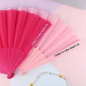 Personalised Pink Hand Fan, Hen Party Fan, Bridal Party Favours for Hen Do Abroad, Summer Beach Themed, Destination Wedding - Custom Name