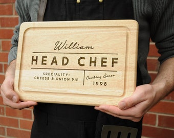 Head Chef and Speciality Personalised Wooden Cutting Chopping Board, Christmas Birthday Gifts For Him, Gift for Boyfriend, Kitchen Present