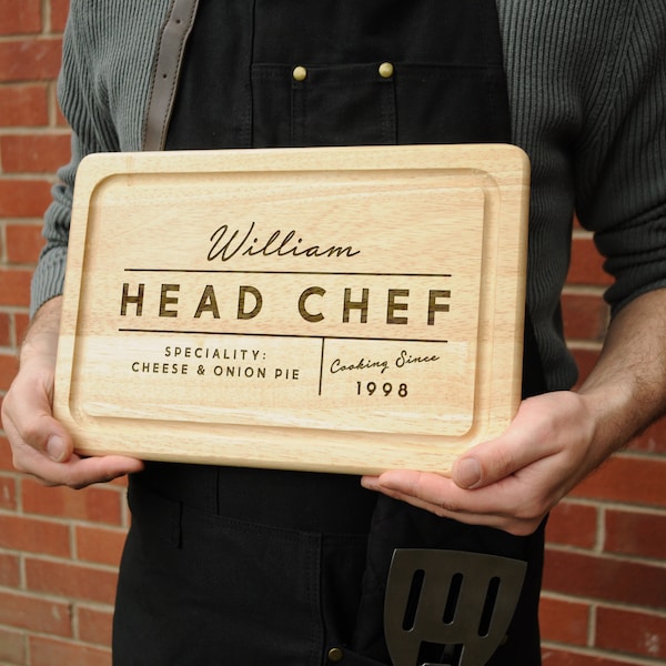 Head Chef and Speciality Personalised Wooden Cutting Chopping Board, Christmas Birthday Gifts For Him, Gift for Boyfriend, Kitchen Present