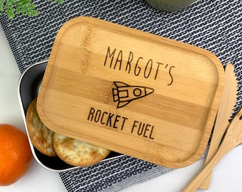 Personalised Childs Lunch Box Wooden Bamboo Eco Friendly Box, Metal Lunch Box Laser Engraved Back To School Kids School Dinner Box