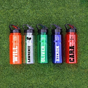 Personalised Children&#39;s Water Bottle with Sports Hobby Icon, BPA Free Flip Straw and Carry Handle Football, Baseball, Ice Skating, Dance etc