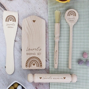 Personalised Kids Baking Set, Children’s Rainbow Mini Wooden Baking Tools, Kids Baking Kit with Utensils, Mixing Spoon, Rolling Pin, Brush