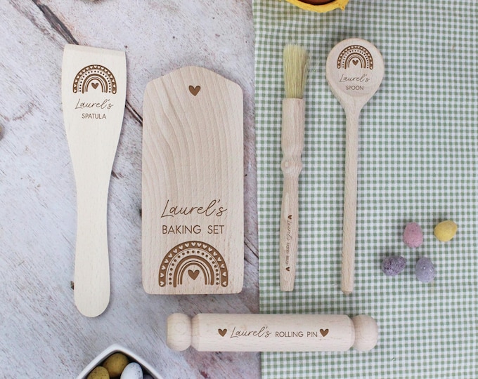 Personalised Kids Baking Set, Children’s Rainbow Mini Wooden Baking Tools, Kids Baking Kit with Utensils, Mixing Spoon, Rolling Pin, Brush