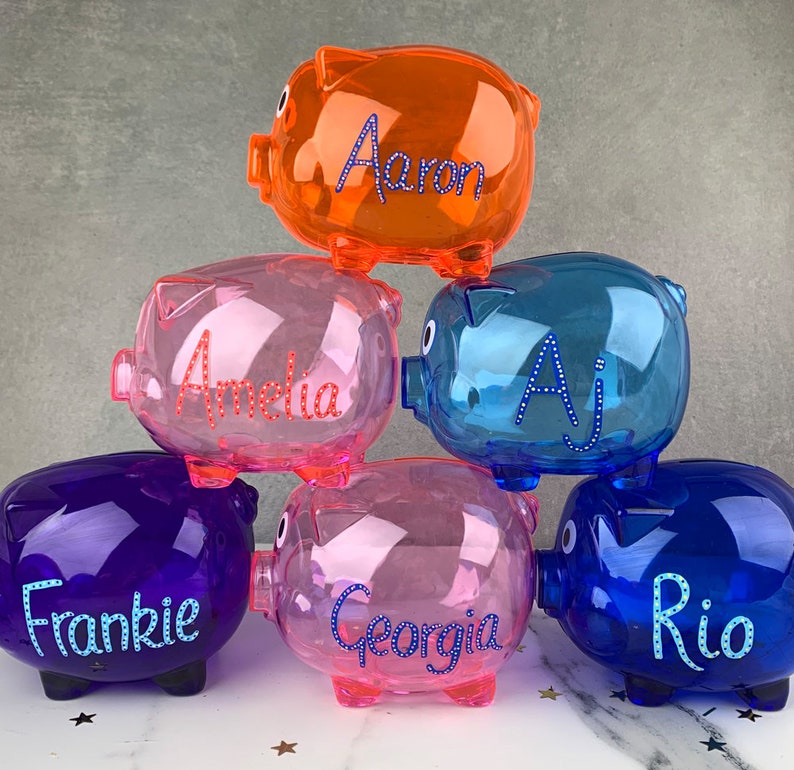 Children's Personalised Clear Piggy Bank Colourful Money Etsy