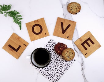 Set of 4 Wooden Scrabble Tile Letter LOVE Coasters & Storage Box, Wedding Gift, 5th Anniversary Wood Gift, Engagement Present for Couple