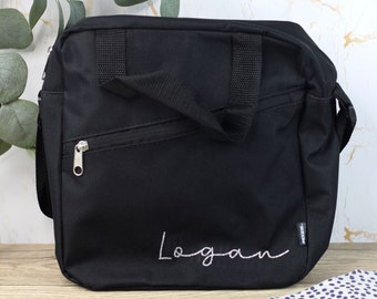 Sac à lunch personnalisé, Sac à lunch avec nom, Sac isotherme isotherme noir avec bandoulière et poignée de transport, Retour à l'école, Cadeau pour elle