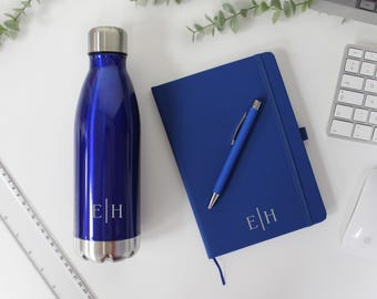 New Employee Gift, A5 Notebook with Pen & Bottle Set Option, Personalised Initials, 100 Lined Pages Notebook, 500ml Insulated Water Bottle