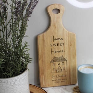 Personalised Home Paddle Chopping Board, Wooden Family Name Board, Moving House, New Home Gift, Housewarming Gifts, Home Sweet Home Cutting Board
