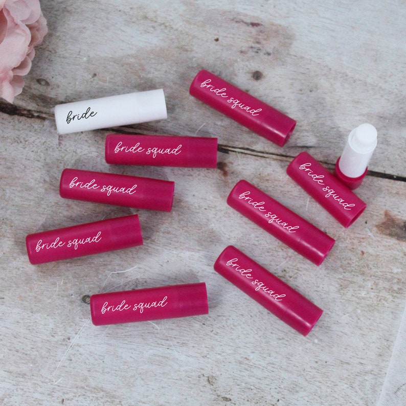 Pink Bride Squad Lip Balms, White Bride Lip Balm, Pink Hen Party Theme, Vanilla Scented, Goody Bag Favours for Hen Do, Hen Party Bag Filler