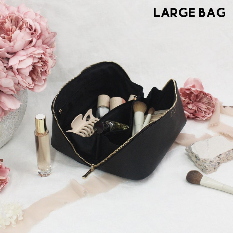 Luxury Personalised Make Up Bag, PU Leather Flat Lay Bag, Small/Large Accessory Case with Initials, Bridesmaid Gift, Cosmetic Travel Case image 2