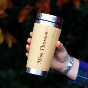 Personalised Teacher Travel Mug, Hot Cold Eco Bamboo 500ml Insulated Coffee Cup Mug, Christmas Gift, Thank You Teacher Appreciation Gifts