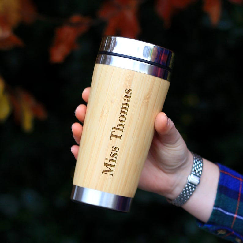 Personalised Teacher Travel Mug, Hot Cold Eco Bamboo 500ml Insulated Coffee Cup Mug, Christmas Gift, Thank You Teacher Appreciation Gifts