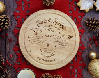 Personalised Christmas Eve Plate, Santa and Rudolph Stop Here & Refuel, Mince Pie for Santa, Carrot, Milk for Reindeer, Wooden Xmas Board