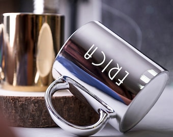 Taza de café metálica personalizada - Tazas Art Deco personalizadas con estilo Cerámica unisex 350ml Taza de té de oro plateado - Cualquier nombre grabado permanentemente