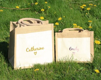 Natural Jute Tote Bag, Personalised With Custom Name & Heart Lunch Bag, Bridesmaid Proposal Gift Bag, Large, Medium, Gift Bag for Bride