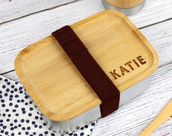 Personalised Metal and Wood Lunch Box With Wooden Bamboo Lid Eco Friendly, Laser Engraved With Name Back To School, College, Work Travel