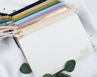 Bride Clutch Bag, Wedding Day Wristlet personalised with the word Bride in a choice of font colours , Bridal Hand Held Purse, Bride Handbag
