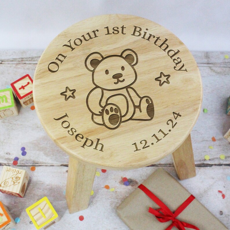 First Birthday Gift, Child’s Wooden Stool, On Your 1st Birthday Chair Personalised with Name & Date, One Year Old Baby Girl / Boy Gif