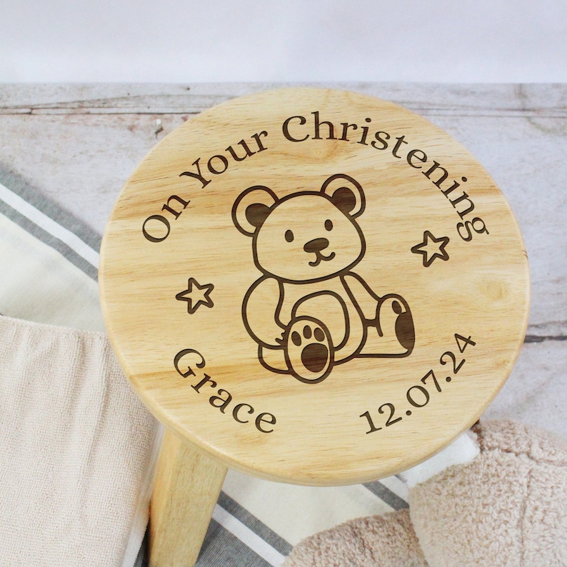 Personalised Child’s Wooden Stool On Your Christening Chair Name & Date Baby Christening Gift for Daughter Son Godson Goddaughter Godson