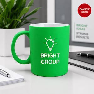 Personalised Promotional Merchandise Mug | Business Gift Bright Neon Green Coffee Tea Cup, for Corporate Company Logo / Instagram Name
