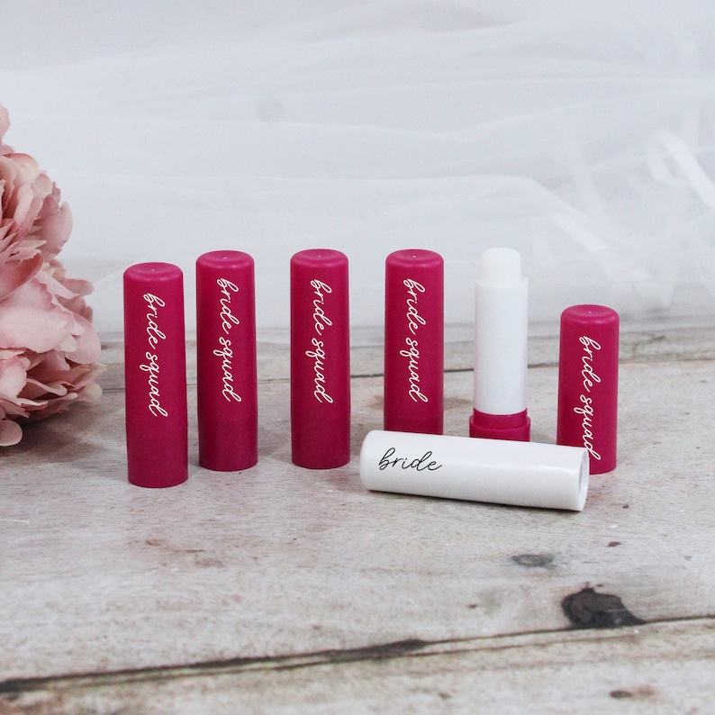 Pink Bride Squad Lip Balms, White Bride Lip Balm, Pink Hen Party Theme, Vanilla Scented, Goody Bag Favours for Hen Do, Hen Party Bag Filler