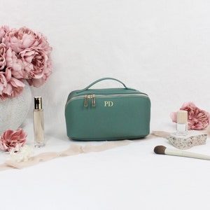 Luxury Personalised Make Up Bag, PU Leather Flat Lay Bag, Small/Large Accessory Case with Initials, Bridesmaid Gift, Cosmetic Travel Case Large Green Bag Only