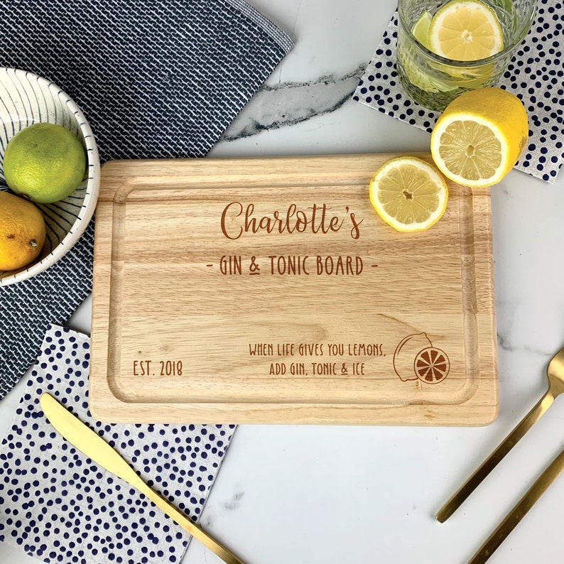 G & T Serving Board, Gin and Tonic Plate, Lemon Cutting Board, Gin Lovers Wooden Gift, Personalised Any Name, Gin and Tonic, Gin Lover Gift image 3