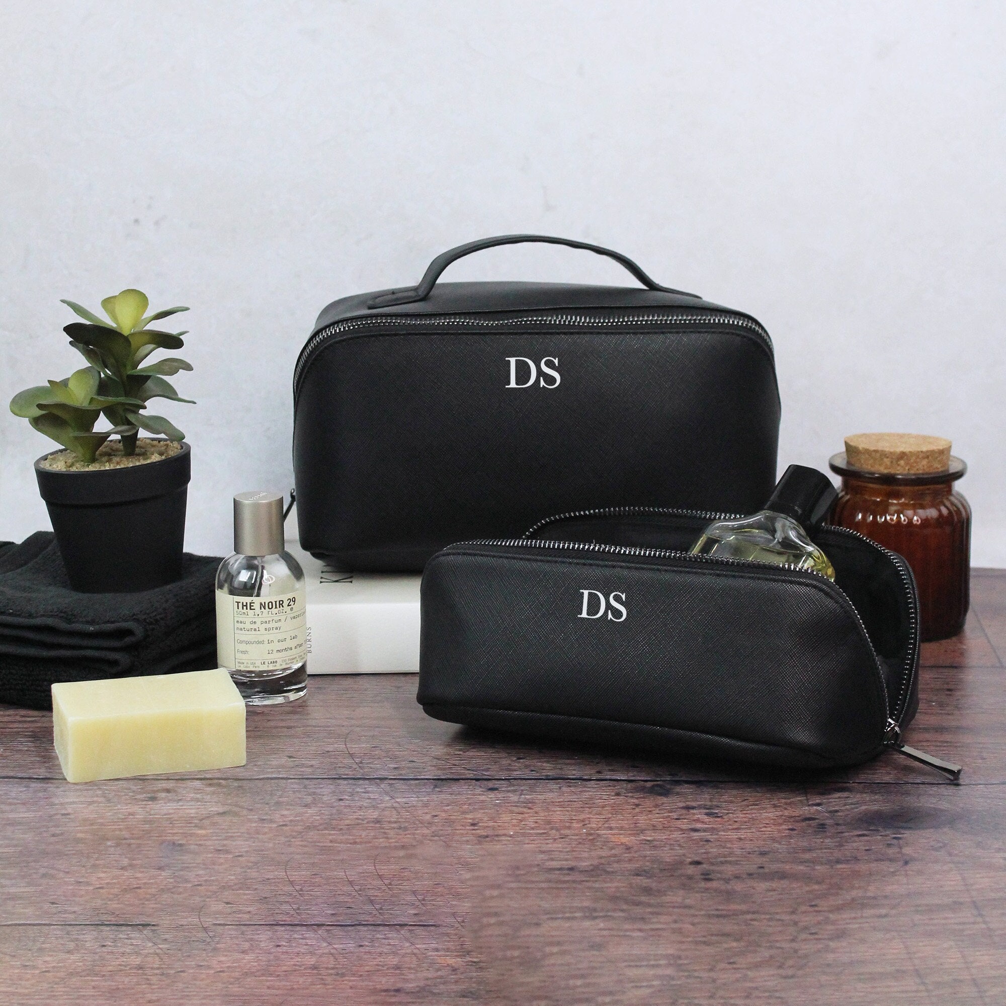 Black Personalised Men’s Wash Bag Set with Any Initials, PU Leather Travel Toiletry Bag for Men, Accessory Case, Father's Day Gift for Dad