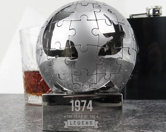 Metal Paperweight Puzzle Globe, Laser Engraved with "1974 Year of The Legend", 50th Birthday Gifts for Men, Him, Fiftieth Gift for Dad