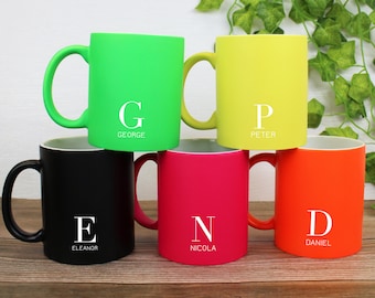 Personalised Initial Mug, Monogrammed Coffee Mug Ceramic Fluorescent 310 ml Matt Finish Coffee / Tea Cup - Monogram Pink Yellow Green Black