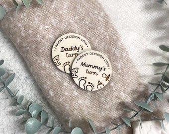 Moneta per la decisione dei neo-genitori / Il turno della mamma / Il turno del papà / Divertente regalo per la festa della mamma / Moneta in legno per la decisione del neonato / Regalo per neo-mamme / Baby shower