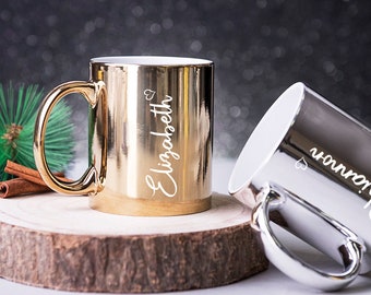 Personalisierte Silber Gold Metallic Kaffeetasse / Teetasse - Geburtstag, Muttertag, Weihnachtsgeschenk für Sie - Jeder Name mit süßem Liebesherz