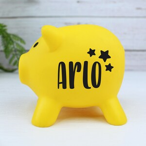 Children's Personalised Piggy Bank, Colourful Kids Money Box, Custom Vinyl, Stars, Hearts, Flowers, Any Name Customised, Nursery Decor Yellow