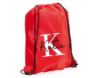 Personalised Initial & Name Back to School Drawstring Rucksack Bag. Kids Name on a PE Bag Swimming Bag, Child's Party Bag Goody Bag Gift Bag
