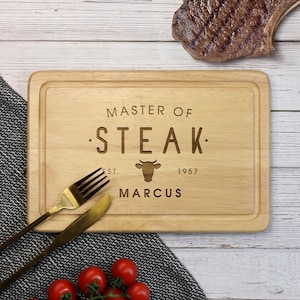 Personalised Steak Cutting Board, Master of Steak Wooden Chopping Board, BBQ Gift for Him, Custom Engraved Meat Board, Grill Master Gift