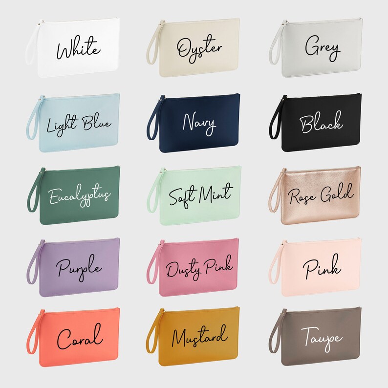 May include: Twelve different coloured zippered pouches with various colour names written on them in black script. The pouches are arranged in four rows of three.
