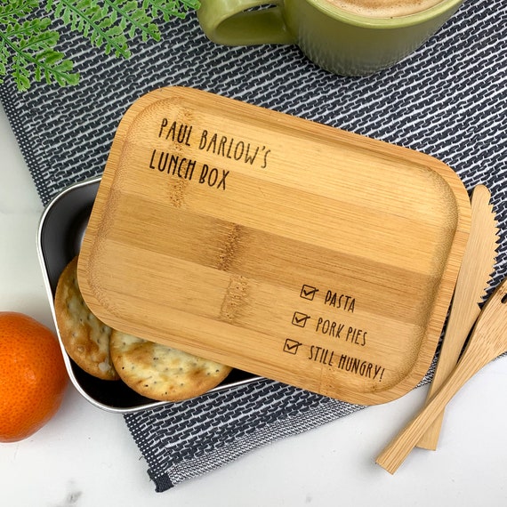Personalised Metal Lunch Box Wooden Bamboo Eco Friendly Box, Laser Engraved  Back to School College Work Kids Travel, Bamboo Utensils 