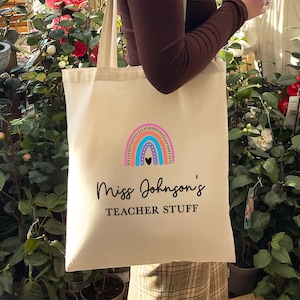 Personalised Teacher Bag, Teacher Gifts for Her, Nursery Teacher Stuff Shoulder Bag, Rainbow Teacher Tote Bag, School Leaver Gift from Pupil