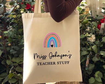 Personalised Teacher Bag, Teacher Gifts for Her, Nursery Teacher Stuff Shoulder Bag, Rainbow Teacher Tote Bag, School Leaver Gift from Pupil