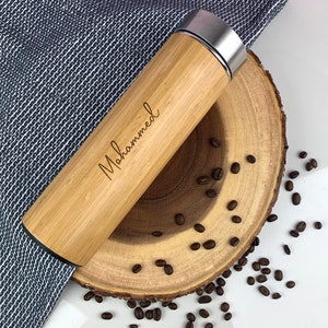 Gepersonaliseerde Eco Bamboo Travel Flask, 500ml geïsoleerde drinkfles, laser gegraveerde reisbeker, aangepaste naam, koffie, thee afbeelding 9