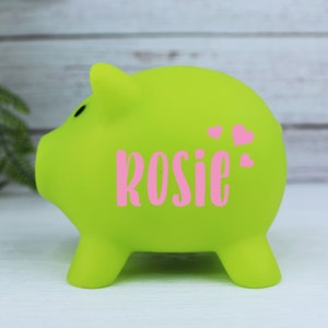 Children's Personalised Piggy Bank, Colourful Kids Money Box, Custom Vinyl, Stars, Hearts, Flowers, Any Name Customised, Nursery Decor Lime Green