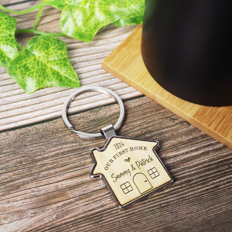 Our First Home Couples Keyring, Personalised House Warming Key Chain, Set of 2