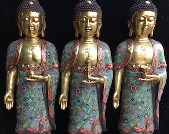 Chinese Antique Collection Exquisite and Rare Pure Bronze Cloisonné Cloisonné Enamel Three Jewels Buddha Statue Ornaments