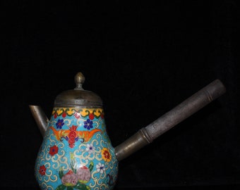 Chinese antique collection cloisonne wooden handle hip flask