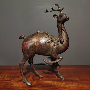 A rare and exquisite handcrafted Chinese antique copper cinnabar deer statue